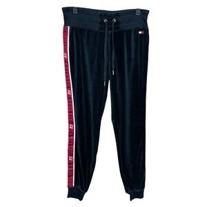 Tommy Hilfiger Velour Track Pants Women S/P Black Red White Logo Stripe Joggers